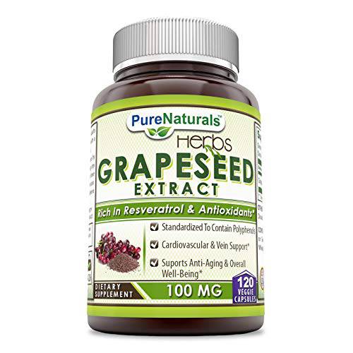 Pure Naturals Grapeseed Extract - 100mg Grape Seed Veggie Capsules Rich in Resveratrol - Easier to Swallow 120 Capsules- Standardized to Contain Polyphenols*- Supports Immune Health*, Anti-Aging*