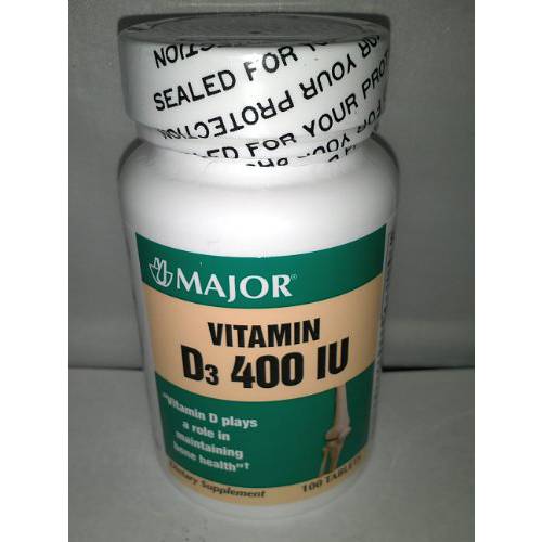Major Generic Vitamin D3 400 IU Dietary Supplement Bone Health 100 Tablets