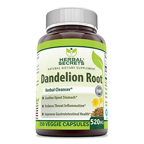 Herbal Secrets Dandelion Root 520 Mg 250 Veggie Capsules (Non-GMO) - Improve Gastrointestinal Health, Reduces Throat Inflammation*