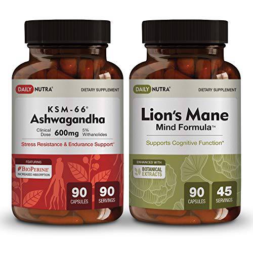 Cognitive Health Supplements Bundle by DailyNutra: Includes KSM-66 Ashwagandha and Lion’s Mane Mind Formula