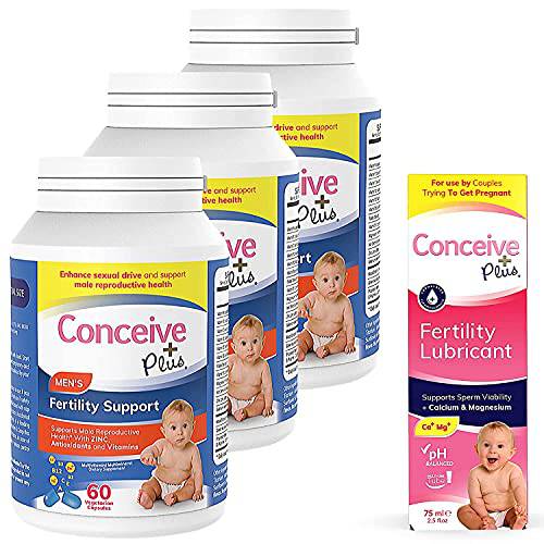Conceive Plus Mens Fertility Bundle | 3 Months Supply Fertility Vitamin Supplements for Men 3 x 60 Count and Fertility Lubricant 2.5 Ounce