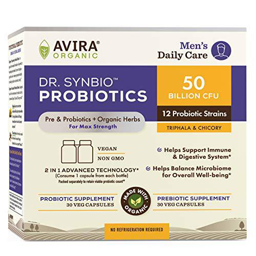 Dr Synbio Men s Daily Care Probiotics & Organic Prebiotics – Triphala, Chicory, 50 Billion CFU & 12 Multiple Strains, Helps Restore Normal Gut Flora, Immune, Digestive Function, Delayed Release