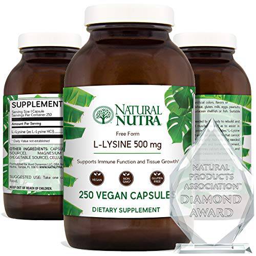 Natural Nutra L Lysine HCl, Promotes Healthy Bone Growth, Helps Built Collagen, Tissue Formation, Improve Calcium Absorption, Alpha Amino Acid Supplement, Non GMO, Vegan, 500 mg, 250 Capsules.