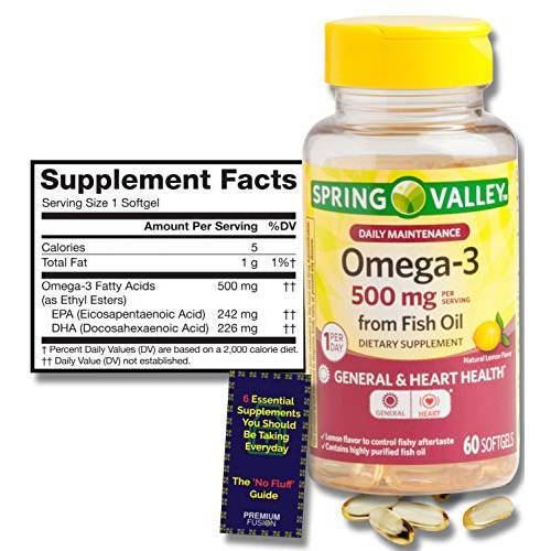Omega-3 Fish Oil Softgels, 500 mg, DHA, EPA , 60 ct. + Vitamin Pouch and Guide to Supplements