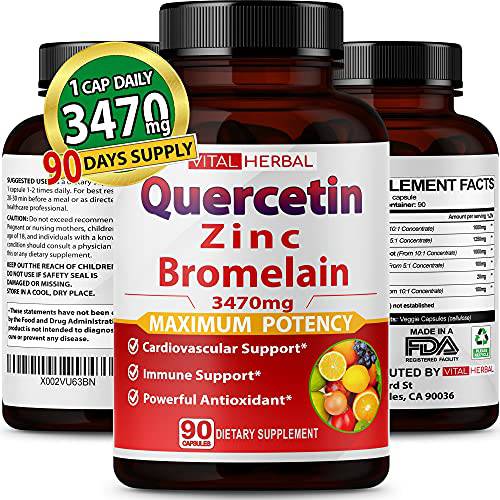 Premium High Purity Quercetin 98% with Bromelain Capsules Equivalent to 3470 mg - Maximum Potency with Green Tea Ashwagandha - Supports Overall Health Strength Energy - 90 Days Supply