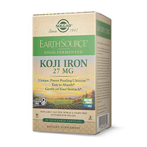 Solgar Earth Source Food Fermented Koji Iron 27mg, 60 Vegetable Capsules - Higher-Absorption, Slow-Release Iron - Gentle on The Stomach - Non-GMO, Vegan, Gluten Free, Dairy Free, Kosher - 60 Servings