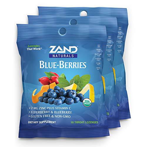 Zand Organic Blue-Berries HerbaLozenge Cough Drops | Zinc, Elderberry and Herbs for Soothing Immune Support (3 Bags, 18 Lozenges)