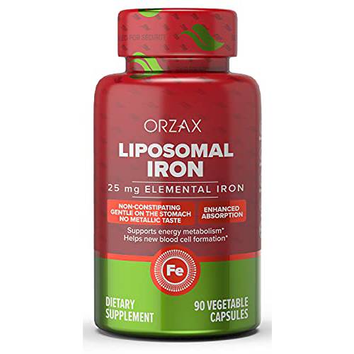 ORZAX Iron Supplement 25 mg -Liposomal Technology- High Bioavailability 90 Vegetable Capsules, Helps New Blood Cell Production, Non-Constipating, Non-GMO & Gluten Free, for Women, Men, Adults