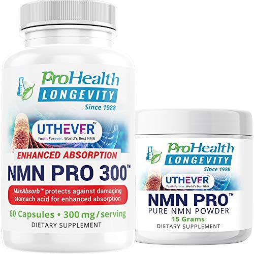 ProHealth Longevity NMN Pro Bundle - Uthever Brand NMN - 1 Bottle (300 mg per 2 capsule serving, 60 capsules) + 1 Jar (15 grams) - World’s most trusted, ultra-pure, stabilized pharmaceutical grade NMN