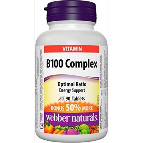 Webber Naturals B100 Complex (100mg of B Vitamins), Bonus Size 60+30 Tablets