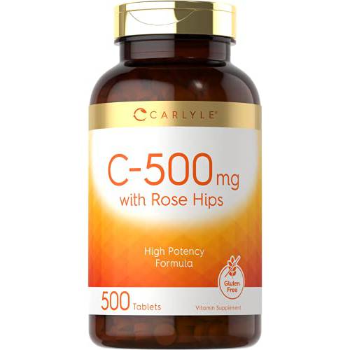 Vitamin C with Rose Hips 500mg | 500 Caplets | High Potency Formula | Vegetarian, Non-GMO and Gluten Free Supplement | by Carlyle