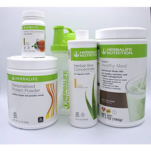 HERBALIFE COMBO FIVE FORMULA 1 Healthy Nutritional Shake Mix (Mint Chocolate 780g)-HERBAL ALOE CONCENTRATE PINT 473ml-PERSONALIZED PROTEIN POWDER 360g-HERBAL TEA CONCENTRATE 51g with SHAKER CUP and SPOON