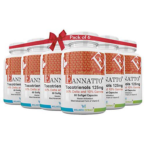 E Annatto Tocotrienols Deltagold 125mg, Vitamin E Tocotrienols Supplements 60 Softgel Capsules, Tocopherol Free, Supports Immune Health & Antioxidant Health (90% Delta & 10% Gamma) (Pack of 6)