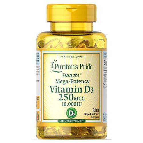 Puritan’s Pride Vitamin D3 250 mcg (10,000 IU)-200 Softgels, White