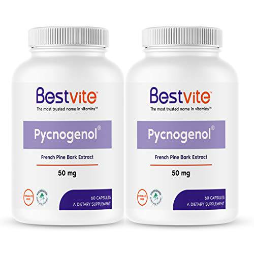 Pycnogenol 50mg (120 Capsules) (60x2) - French Maritime Pine Bark Extract - No Stearates - Gluten Free - Non GMO
