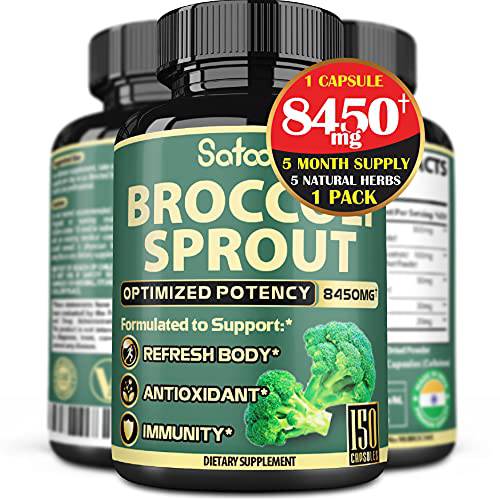 Pure Broccoli Sprout Seed Extract Capsules - 5 Month Supply - Equivalent 8450mg of 5 Herbs - Support Immune & Healthy Body - Rich in Fiber -1 Pack 150 Vegan Caps