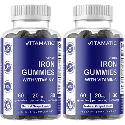 2 Pack Vitamatic Iron Gummies Supplement for Women & Men - 20mg Serving - 60 Vegan Gummies - Great Tasting Iron Gummy Vitamins with Vitamin C (Total 120 Gummies)