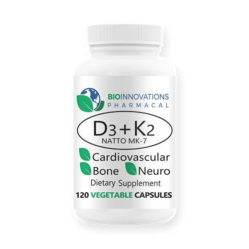 Bio-Innovations Pharmacal D3+K2 10,000IU D3 Cholecalciferol 100mcg, MK7 Nattokinase Bone, Neuromuscular, Cardiovascular & Immune Support, Promotes Calcium Homeostasis, Allergen Free 120 Capsules