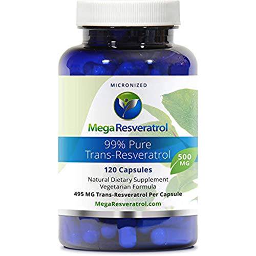 Mega Resveratrol, Pharmaceutical Grade,99% Pure, Isolate, Micronized Trans-Resveratrol, 120 Veggie Caps, 500mg per Capsule. Purity Certified. Absolutely NO Toxic “inactive” Ingredients Added.