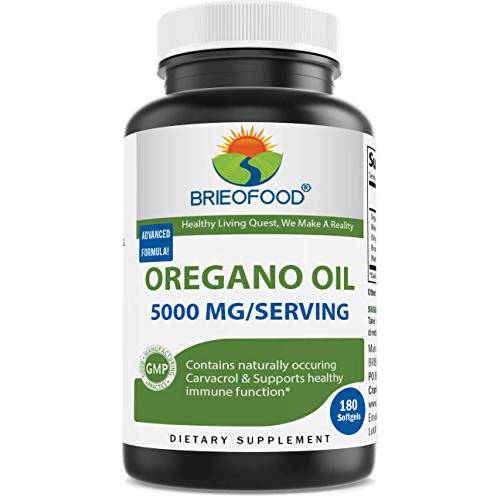Brieofood Oregano Oil 5000mg/Serving - Contains Naturally Occuring Carvacrol - Healthy Immune Function - 180 Softgels