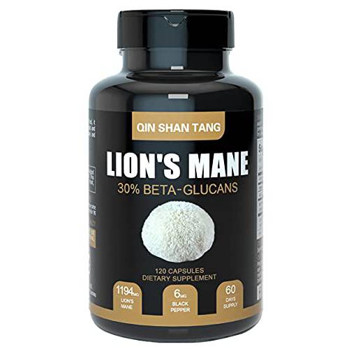 QIN SHAN TANG Lions Mane Mushroom Capsules (120ct), Made with 30% Beta-Glucans, Black Pepper Extract - Nootropic Brain Supplement