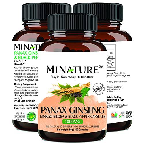 minature Panax Ginseng Capsules | Combined with Ginkgo Biloba and Black Pepper - 1000* mg, 120 Vegan Capsules | Vegan , Gluten Free| Supplement for Men and Women