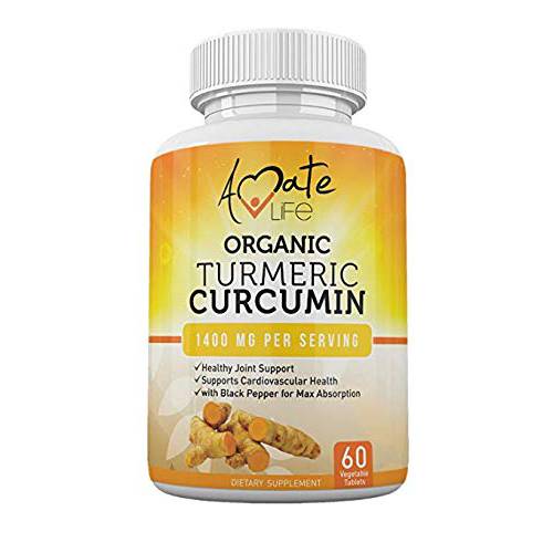 Organic Turmeric Curcumin Supplement- Tumeric with Black Pepper Capsules Vegan GMP Certified Non-GMO Joint Pain Support Cardiovascular Protection for Men and Women Max Absorption 60 Tablets