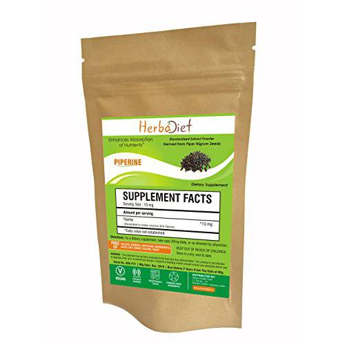 Herbadiet Piperine 95% Powder | Black Pepper Extract Powder 95% by Hplc | Bioavailability Enhancer, Boosts Nutrients Uptake| Gluten Free, Non-GMO Bulk Supplement (50 Gram)