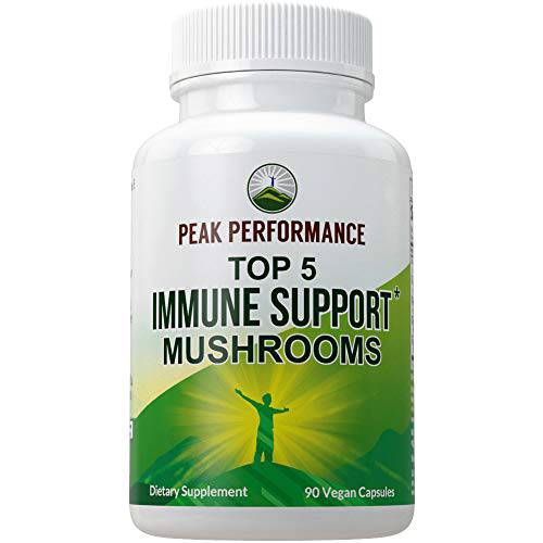 Peak Performance Top 5 Immune System Mushroom Capsules - USA Grown Made with Reishi, Chaga, Maitake, Shiitake, Turkey Tail Mushrooms. Naturally Harvested Vegan Mushroom Complex Supplement 90 Pills