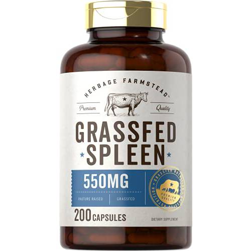 Grass Fed Beef Spleen 550mg | 200 Capsules | Desiccated Pasture Raised Bovine Supplement | Non-GMO, Gluten Free | by Herbage Farmstead