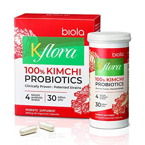 biola Kflora 100% Kimchi Probiotics 30 Billion CFUs, Vegan Probiotics with Prebiotics, Patented Strain, Daily Probiotics, Gut Health