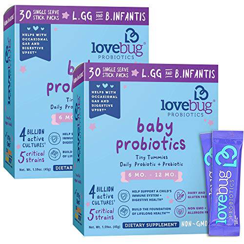 Lovebug Award Winning USDA Organic Probiotic for Babies | Multi-Strain 4 Billion CFU | Easy-to-Take Powder | Sugar Free | Ages 6-12 Months | 60 Packets