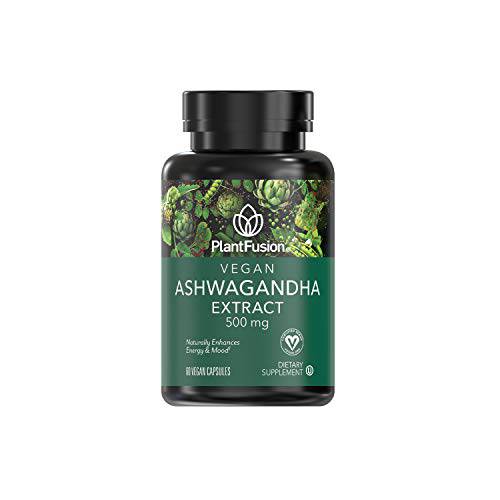 PlantFusion Ashwagandha Extract 500 mg Vegan Dietary Supplement, Naturally Enhances Energy & Mood, Vegan, Kosher, 60 Vegan Capsules