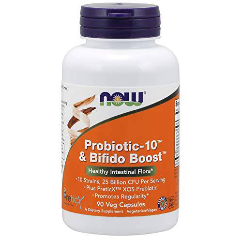 NOW Supplements, Probiotic-10™ & Bifido Boost™ with 10 Strains, 25 Billion CFU Per Serving, plus PreticX™ XOS Prebiotic, 90 Veg Capsules