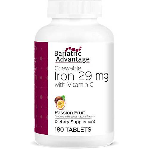 Bariatric Advantage Chewable Iron 29 mg with Vitamin C for Increased Absorption and Utilization, Easily Digestible for Gastric Bypass and Sleeve Gastrectomy Surgery Patients - Passion Fruit, 180 Count