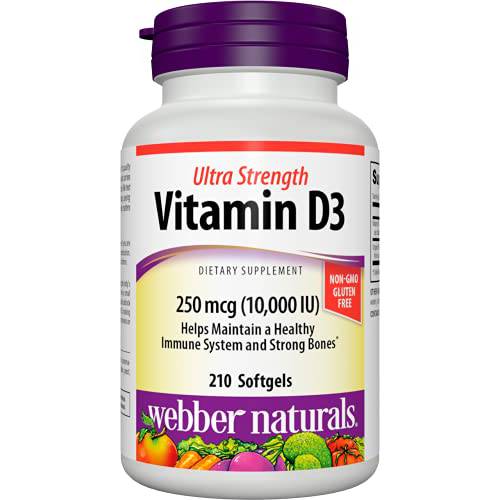 Webber Naturals Vitamin D3 Softgel, 10,000 IU, 210 Count, Extra Strength, for Immune Heath and Support for The Development and Maintenance of Bones and Teeth, Non GMO and Gluten Free