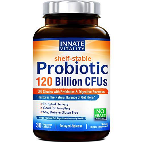 Probiotics 120 Billion CFUs 34 Strains with Organic Prebiotics & Digestive Enzymes, Digestion & Immunity Health for Women & Men, 3-in-1 Probiotics, No Refrigeration Required, Acid Resistant, 30 Caps
