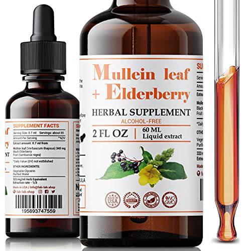 FabLab Mullein Leaf Extract with Elderberry Extract 2 fl oz Supports Healthy Respiratory Function & Immune System Organic Mullein Lung Cleanse Herbal Supplement