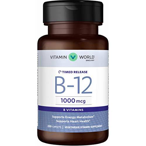 Vitamin World Vitamin B-12 1000 mcg. 250 caplets, Supports Energy Metabolism, Vegetarian, Gluten Free