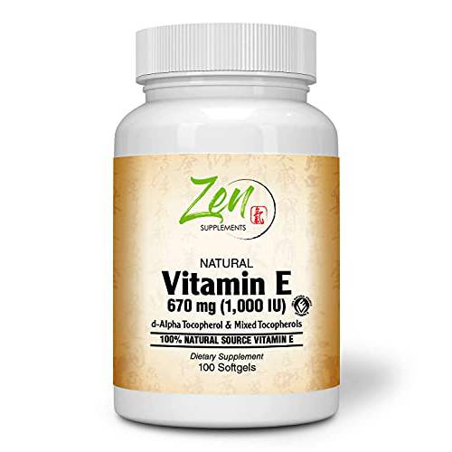 High Potency Natural Vitamin E - 1000IU Vitamin E Capsules with 100% Natural Mixed Tocopherols - Non-GMO Complete E Vitamin - 100 Softgels