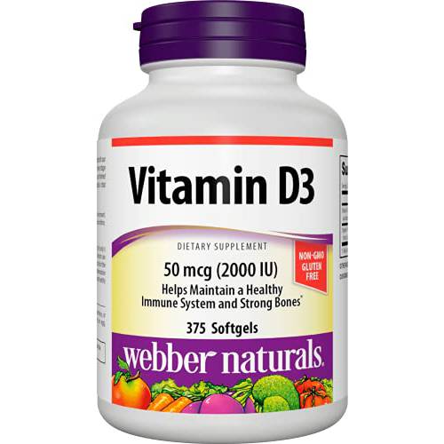 Webber Naturals Vitamin D3 Softgel, 2,000 IU, 375 Count, for Immune Heath and Support for The Development and Maintenance of Bones and Teeth, Non GMO and Gluten Free