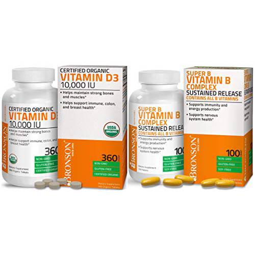 Super B Vitamin B Complex Sustained Slow Release Contains All B Vitamins + High Potency Vitamin D3 10,000 IU Certified Organic Vitamin D Supplement
