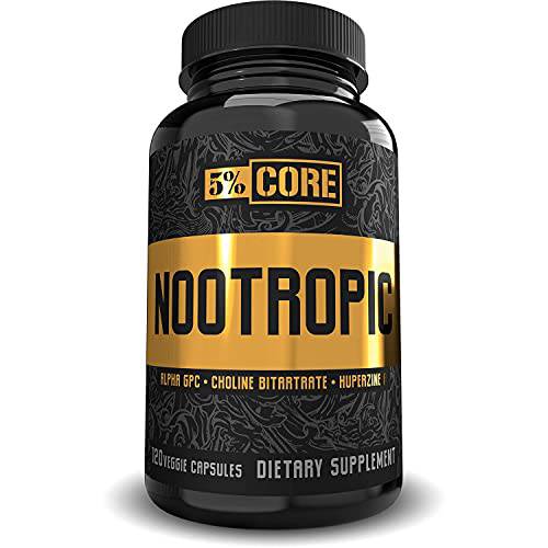 5% Nutrition Core Nootropic Blend | 450 mg Alpha GPC + Huperzine A + Choline Bitartrate | Fundamental Focus & Cognitive Performance Enhancement | Non-Stim | (60 Servings / 120 VegCaps)