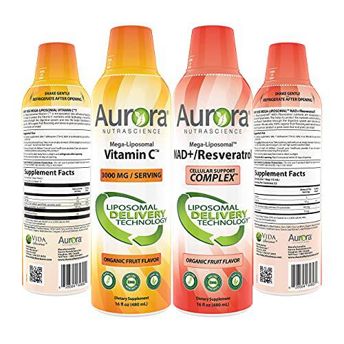 Aurora Nutrascience Mega-Liposomal Vitamin C & NAD+/Resveratrol, Gluten Free, Non-GMO, Sugar Free, Organic Fruit Flavor (16 oz.)
