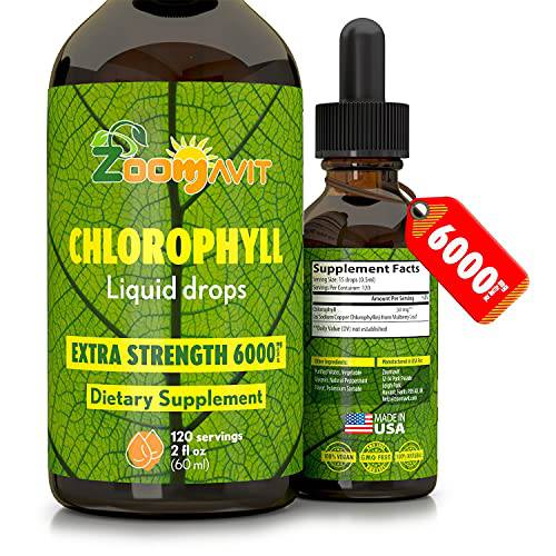Chlorophyll Liquid Drops 100% Organic Vegan - Energy and Immune System Booster Supplement with Mint Flavor for Water - Natural Internal Deodorant - Extra Strength 6000mg 120 Servings