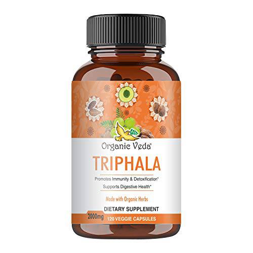 Organic Veda Triphala Capsules, 2000mg – Premium Ayurvedic Herbal Supplement Made with Organic Herbs Amla, Haritaki, Bibhitaki Fruits for Colon, Digestive & Immune System – 120 Veggie