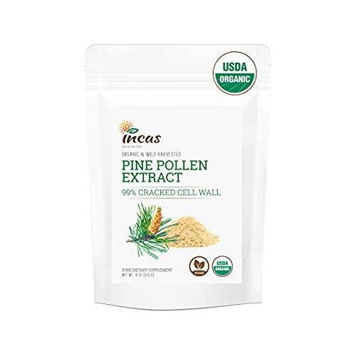 Incas 100% USDA Organic Pine Pollen Powder Non GMO Verified 99% Cracked Cell Wall, Wild Harvested, Non-Irradiated, Boosts Energy & Immune Support, No Fillers or Additives