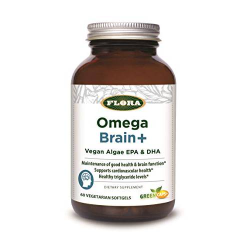 Flora - Omega Brain+ Vegan Algae EPA & DHA, Maintain Good Health & Brain Function, Supports Cardio Health, Healthy Triglyceride Levels, 60 Vegetarian Softgels