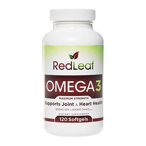Red Leaf Omega 3, Non-GMO 2000 mg Fish Oil, 800 mg EPA, 600 mg DHA, Omega-3 Supplement from Wild Caught Fish, No Fish Burps, Vitamin E- Unflavored- 120 softgels (60 Servings)