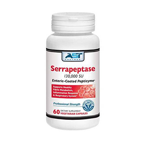 AST Enzymes Serrapeptase 130,000 SPU – 60 Vegetarian Capsules – Premium Natural Systemic Enzymes – Enteric-Coated Serrapeptase